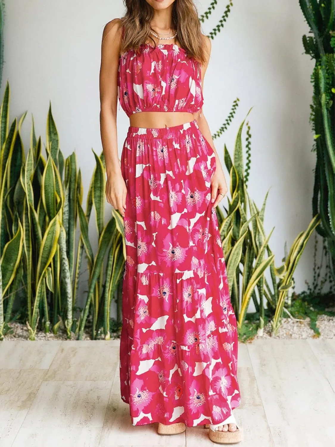 ZESICA Women's 2025 Summer Plaid Flower Elastic High Waist Flowy A Line Maxi Skirt with Pockets