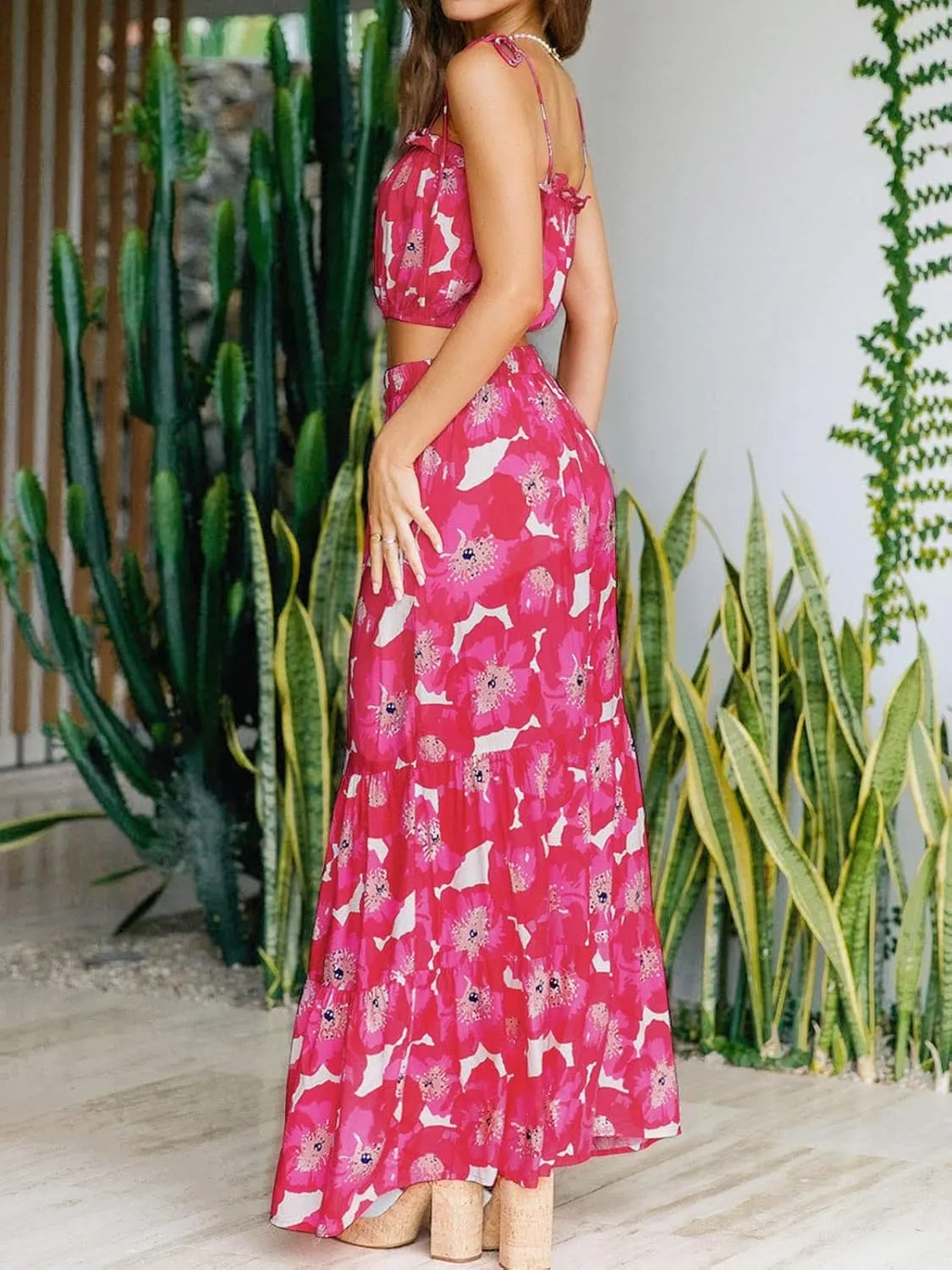 ZESICA Women's 2025 Summer Plaid Flower Elastic High Waist Flowy A Line Maxi Skirt with Pockets