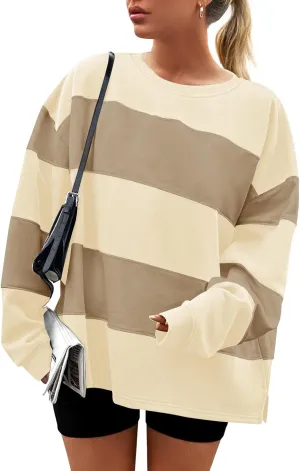 ZESICA Women's Fall Sweatshirt Tops Crewneck Long Sleeve Loose Oversized Striped Fleece Pullover 2025 Clothes