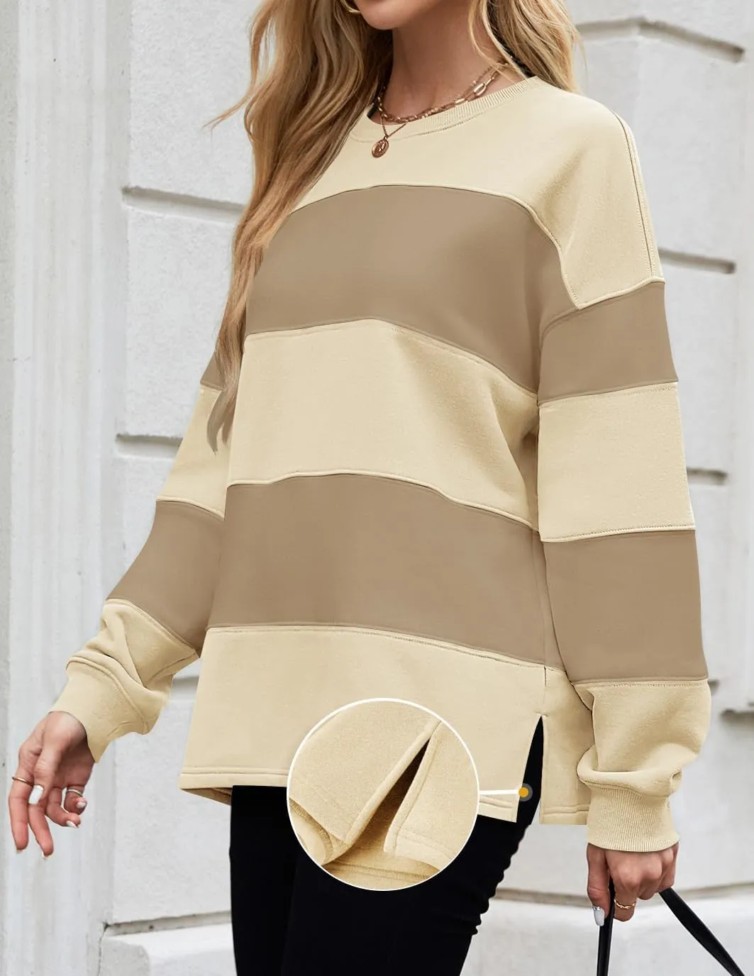 ZESICA Women's Fall Sweatshirt Tops Crewneck Long Sleeve Loose Oversized Striped Fleece Pullover 2025 Clothes