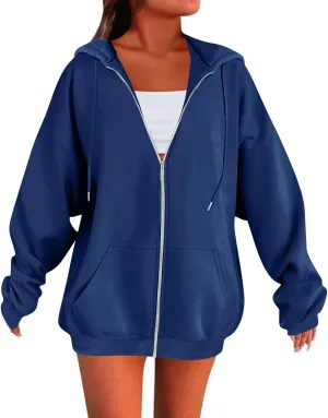 Zip Up Hoodie Women Preppy Casual Comfy Fleece Jacket Trendy Long Sleeve Oversized Sweatshirt Winter Coats with Hood