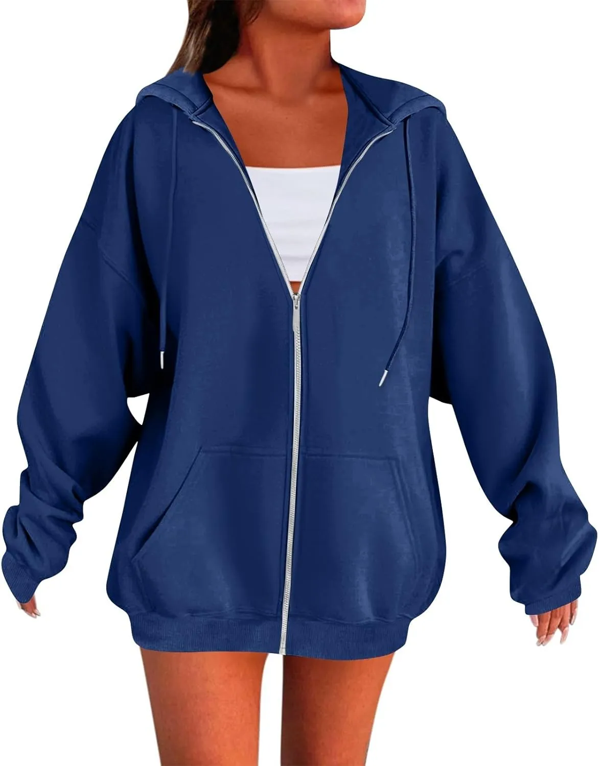 Zip Up Hoodie Women Preppy Casual Comfy Fleece Jacket Trendy Long Sleeve Oversized Sweatshirt Winter Coats with Hood