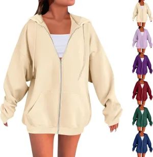 Zip Up Hoodie Women Preppy Casual Comfy Fleece Jacket Trendy Long Sleeve Oversized Sweatshirt Winter Coats with Hood