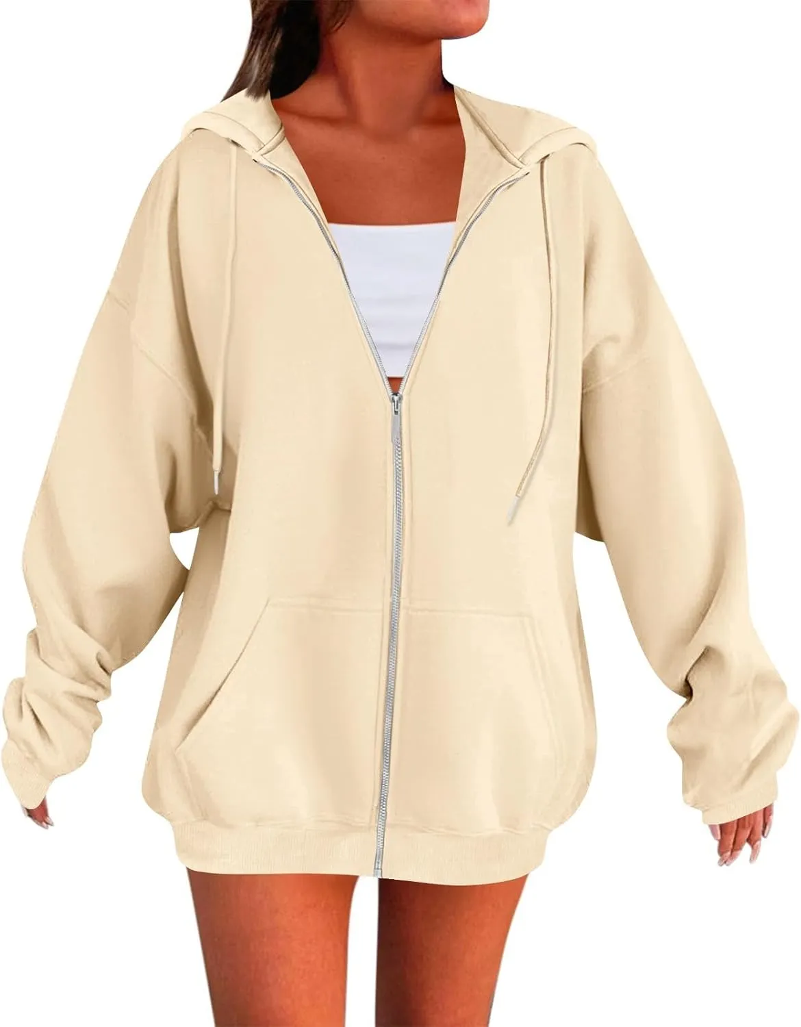 Zip Up Hoodie Women Preppy Casual Comfy Fleece Jacket Trendy Long Sleeve Oversized Sweatshirt Winter Coats with Hood