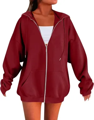 Zip Up Hoodie Women Preppy Casual Comfy Fleece Jacket Trendy Long Sleeve Oversized Sweatshirt Winter Coats with Hood