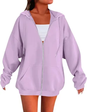 Zip Up Hoodie Women Preppy Casual Comfy Fleece Jacket Trendy Long Sleeve Oversized Sweatshirt Winter Coats with Hood