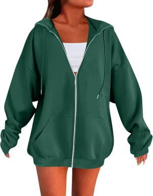 Zip Up Hoodie Women Preppy Casual Comfy Fleece Jacket Trendy Long Sleeve Oversized Sweatshirt Winter Coats with Hood