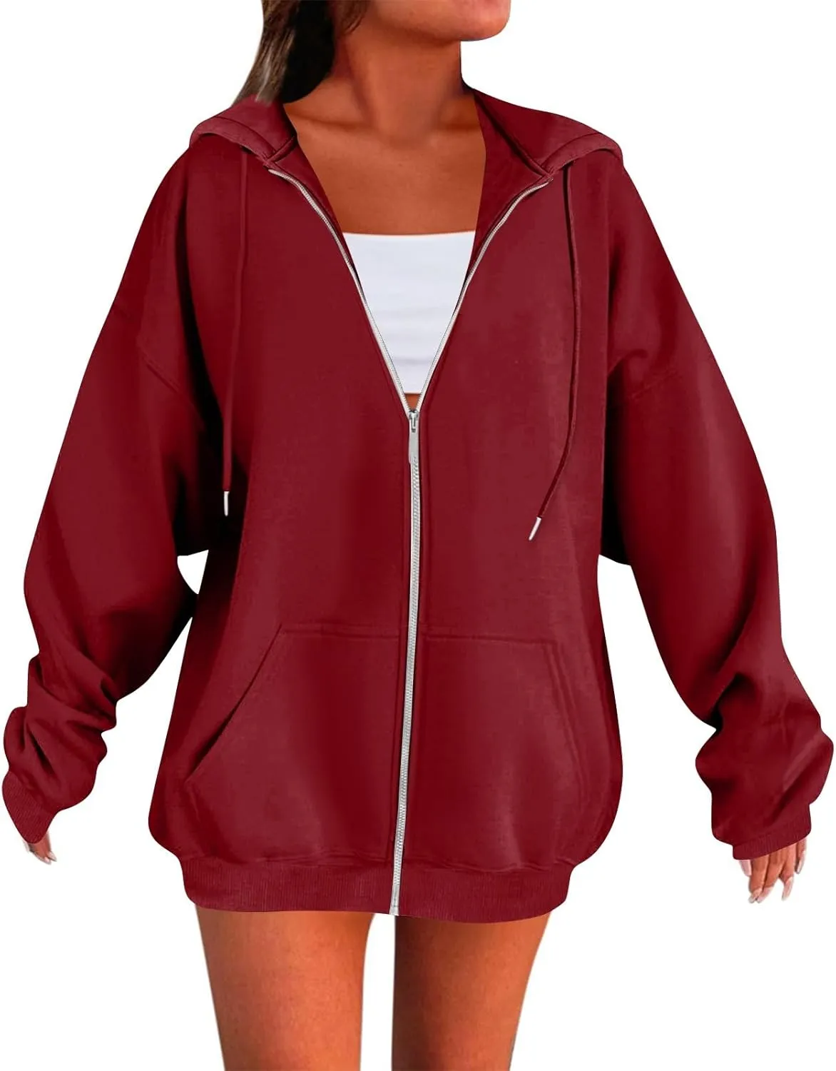 Zip Up Hoodie Women Preppy Casual Comfy Fleece Jacket Trendy Long Sleeve Oversized Sweatshirt Winter Coats with Hood