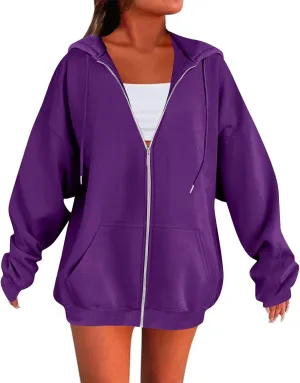Zip Up Hoodie Women Preppy Casual Comfy Fleece Jacket Trendy Long Sleeve Oversized Sweatshirt Winter Coats with Hood
