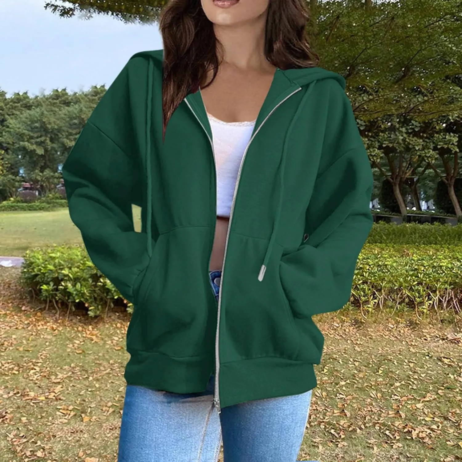 Zip Up Hoodies For Women Cropped Solid Color Sweatshirts Fall Outfits 2024 Long Sleeved Teen Girls Clothes